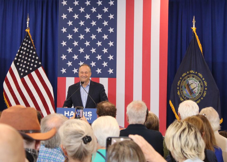 Second Gentleman Doug Emhoff speaks at a Harris for President rally in Concord, NH, July 31, 2024.