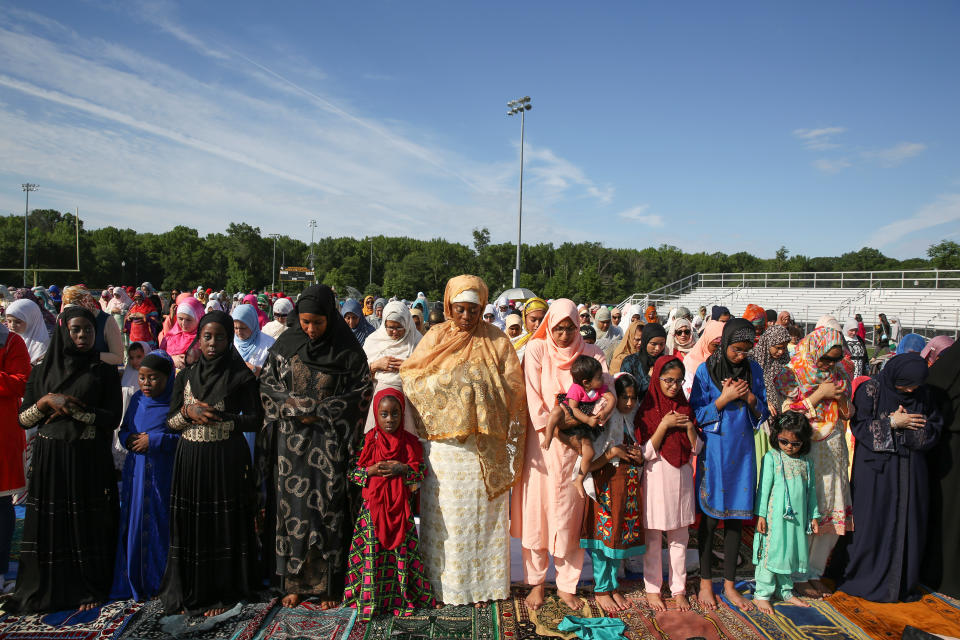 Muslim women take part in Eid al-Fitr prayers at a park in South Brunswick Township, New Jersey, U.S., on June 25, 2017.&nbsp;