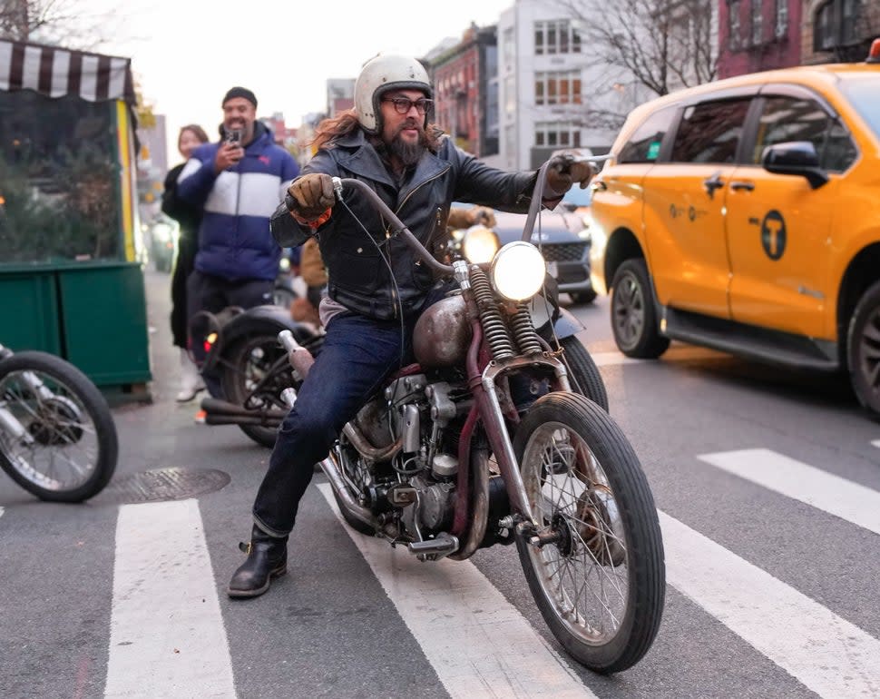 NEW YORK, NEW YORK - NOVEMBER 13: Jason Momoa rides a motorcycle on November 13, 2023 in New York City.