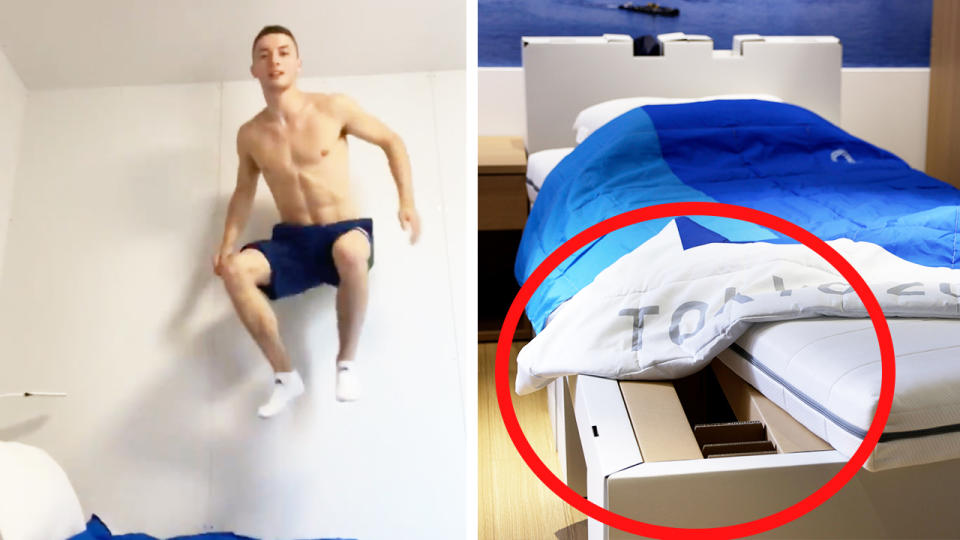 Gymnast Rhys McClenaghan (pictured left) jumping on his bed and (pictured right) the cardboard beds in the Olympic village in Tokyo.