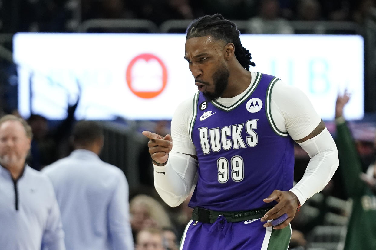 Milwaukee Bucks' Jae Crowder gestures after making a shot during the second half of an NBA basketball game against the Miami Heat Friday, Feb. 24, 2023, in Milwaukee. (AP Photo/Aaron Gash)