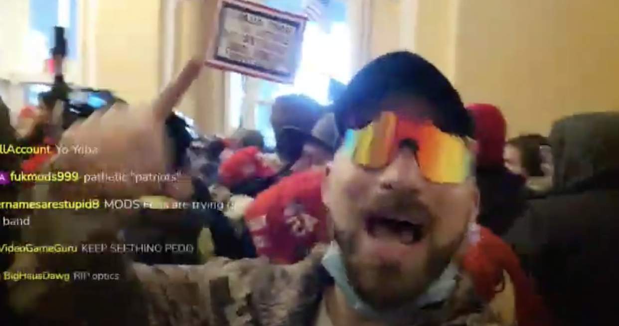 Far-right personality Baked Alaska live-streamed inside the US Capitol on 6 January. (DLive)