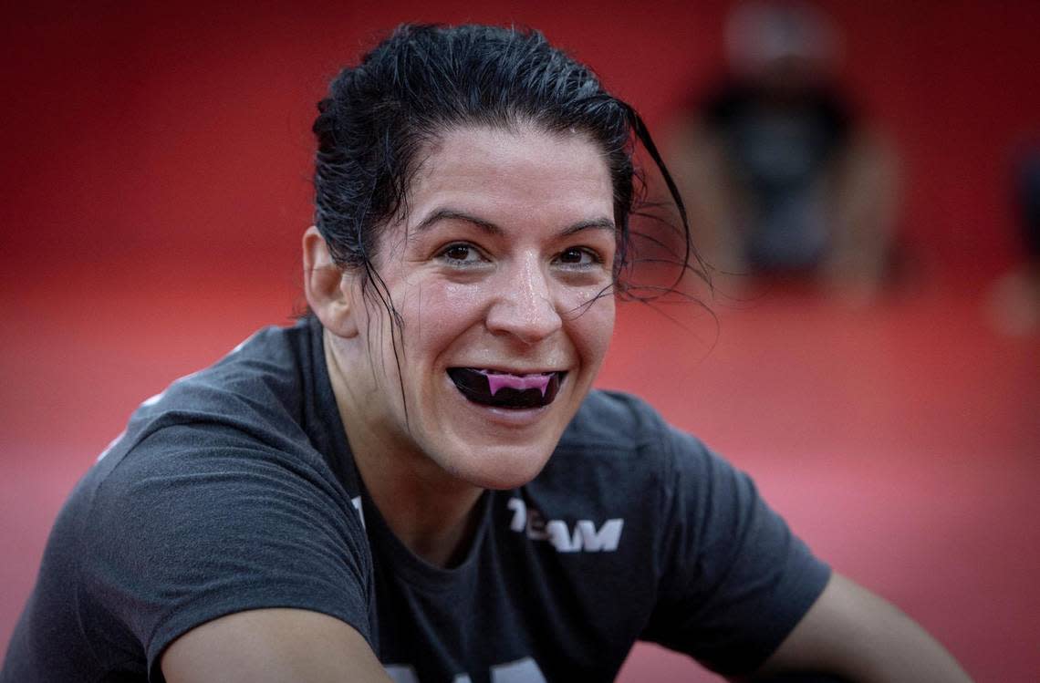 Ana Bozovic takes a short break at the MMA Masters gym in Hialeah where she trains six days a week.