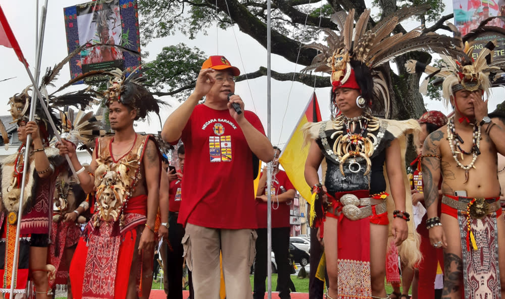 SAPA president Dominique Ng delivers a speech during the Sarawak Independence Day celebrations July 22, 2019. — Picture by Sulok Tawie