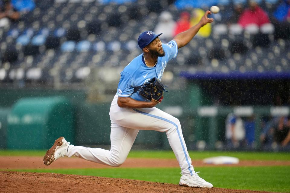 Kansas City Royals relief pitcher Amir Garrett throws during the sixth inning of a baseball game against the Detroit Tigers Saturday, Sept. 10, 2022, in Kansas City, Mo. (AP Photo/Jay Biggerstaff)