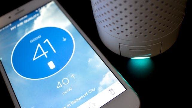 The Wynd air purifier has a sensor and a corresponding app that reads air quality.