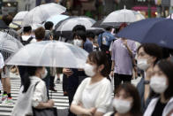 People wearing a protective face mask to help curb the spread of the coronavirus walk at Shibuya pedestrian crossing Thursday, July 9, 2020, in Tokyo. The Japanese capital has confirmed more than 220 new coronavirus infections, exceeding its previous record.(AP Photo/Eugene Hoshiko)