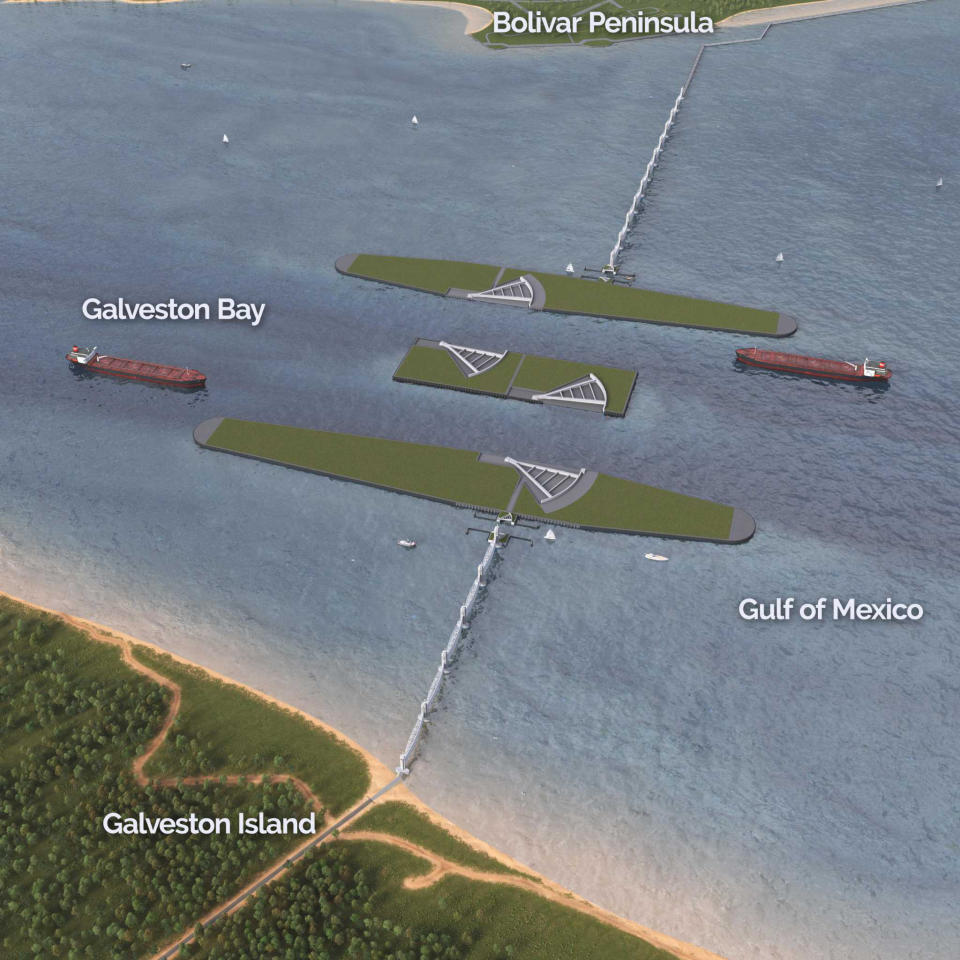 An aerial view of navigation gates at the mouth of Galveston Bay, proposed by the U.S. Army Corps of Engineers as part of the coastal barrier system for southeast Texas. (Texas General Land Office / U.S. Army Corps of Engineers)