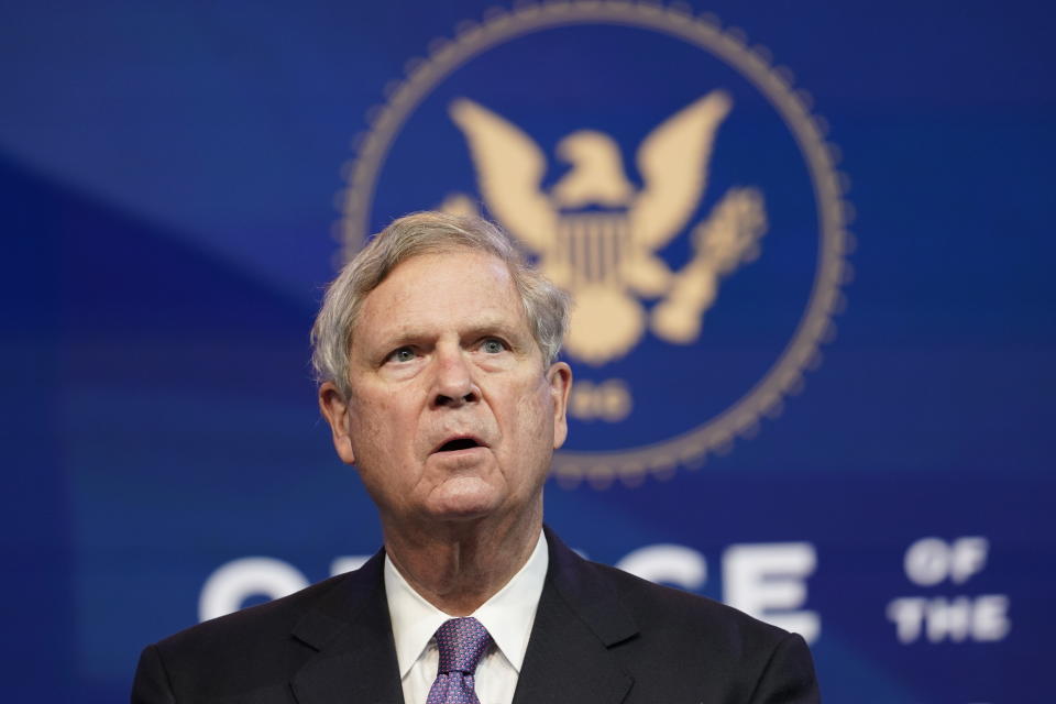 Former Agriculture Secretary Tom Vilsack, who the Biden administration chose to reprise that role, speaks during an event at The Queen theater in Wilmington, Del., Friday, Dec. 11, 2020. (AP Photo/Susan Walsh)