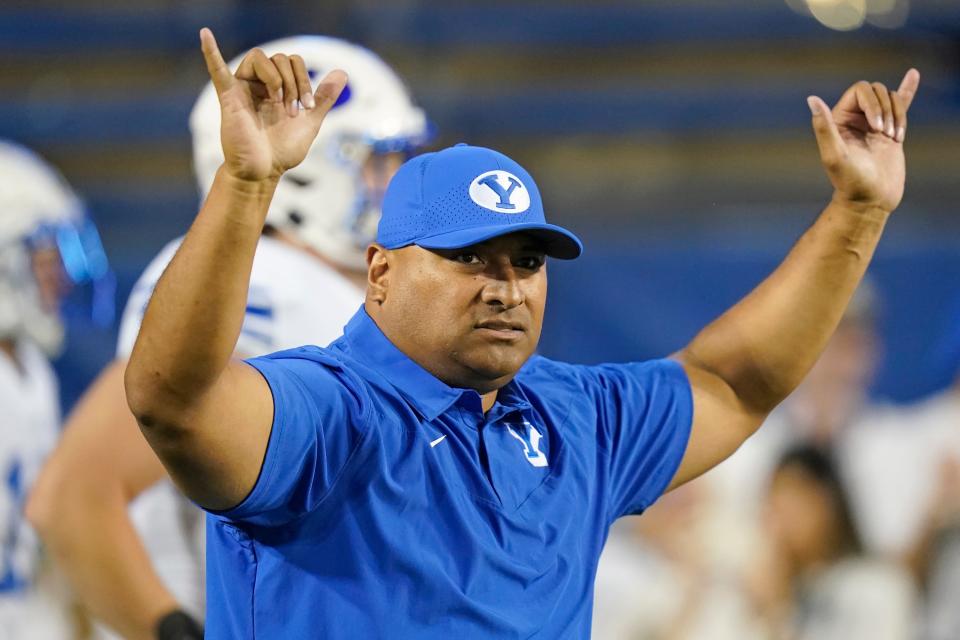 BYU coach Kalani Sitake gestures before the team's NCAA college football game against Arizona State on Saturday, Sept. 18, 2021, in Provo, Utah.