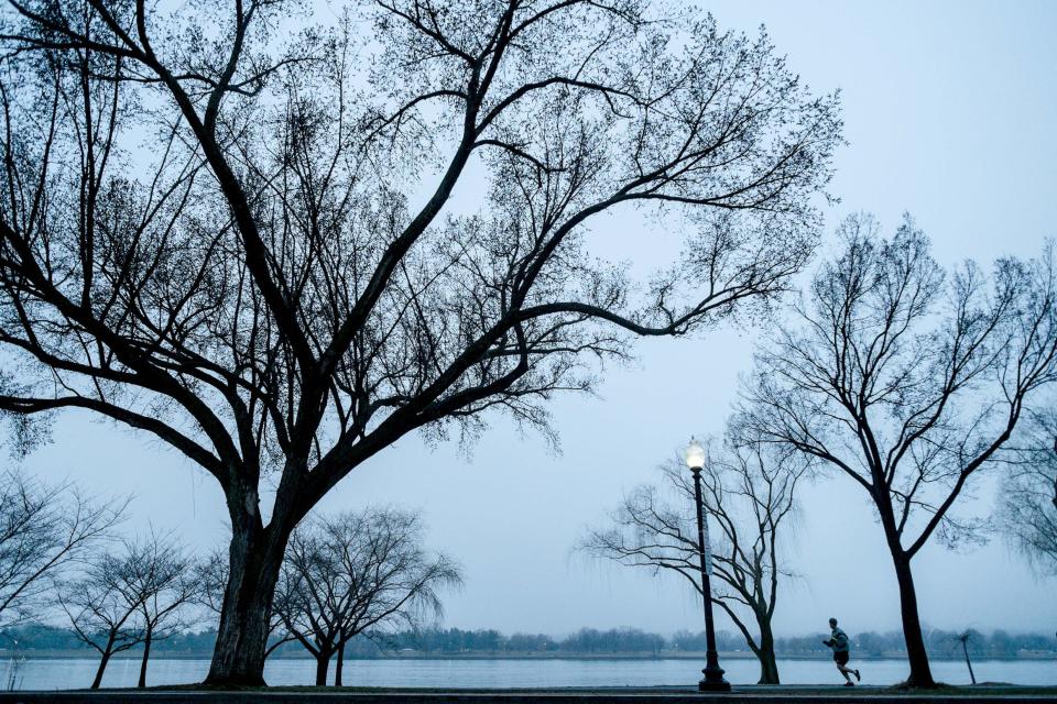 A jogger runs along the Potomac River on a foggy morning in Washington, Thursday, March 20, 2014. On Thursday, the northern hemisphere will celebrate the first day of spring, an event marked by the vernal equinox. (AP Photo/J. David Ake)