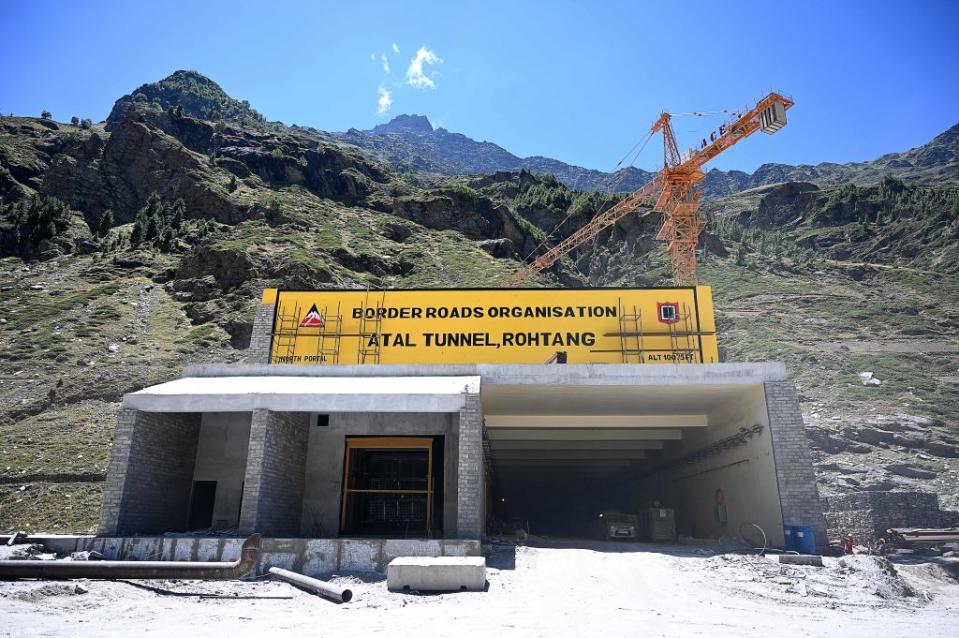 This photograph shows the north portal of the Atal Rohtang Tunnel in Teling village.