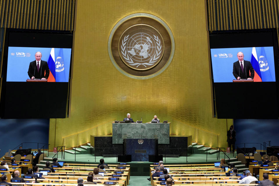 Russia's President Vladimir Putin speaks during the 75th annual U.N. General Assembly, which is being held mostly virtual amid the coronavirus pandemic, as seen on Tuesday, September 22, 2020. / Credit: United Nations / Handout via Reuters  