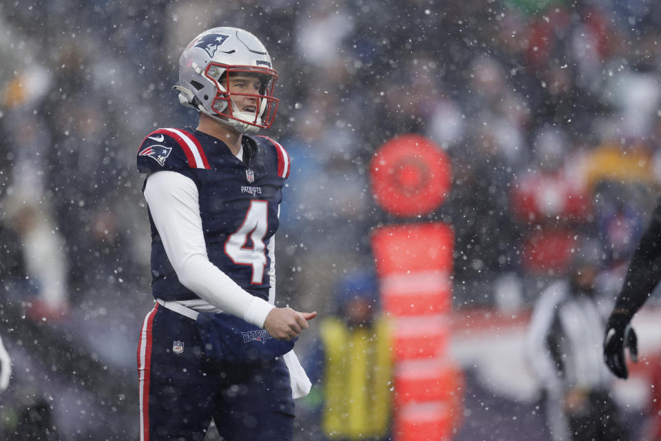 New England Patriots quarterback Bailey Zappe (4) walks onto the field during the first half of an NFL football game agains the New York Jets, Sunday, Jan. 7, 2024, in Foxborough, Mass. (AP Photo/Michael Dwyer)