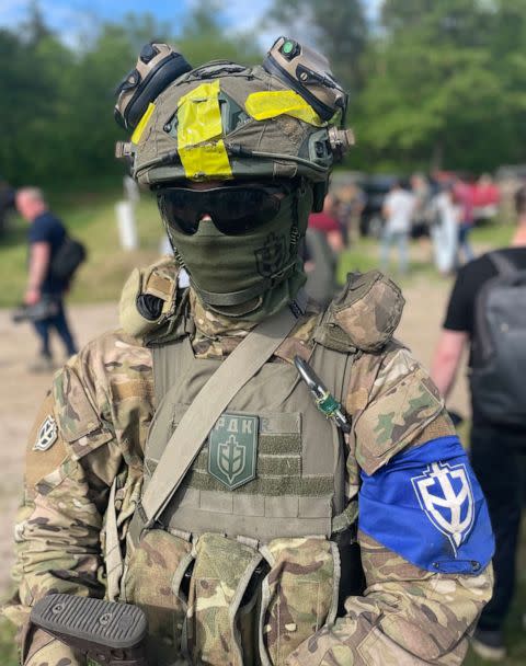 PHOTO: A fighter with the paramilitary group that identify themselves at the Russian Volunteer Corps, in northern Ukraine, near the Russian border, May 24, 2023. (Tom Soufi Burridge/ABC News)