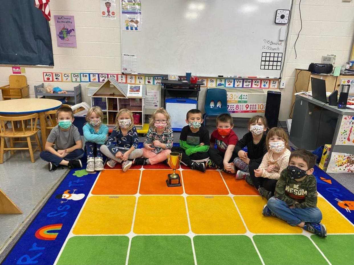 Amber Ketterman’s pre-k class at New Creek Primary School received a trophy for fewest tardies during the second nine weeks. The class received the trophy to display until the end of the next marking period. 
Pictured are: Brantley Everett, Sophia Coakley, Mariah Landis, Kinsley Smith, Blazden Rhodes, Jedidiah Lewis, Grace Shaffer, Caleigh Jose, and Gary Kuhn. Absent when the picture was taken: Paisleigh Claywell, Zeppelin Lynn, Sadie Mangold, Hannah, Mangold, and Marianah Stonebraker.