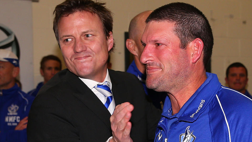 James Brayshaw, pictured here with North Melbourne assistant coach Brett Allison in 2013.