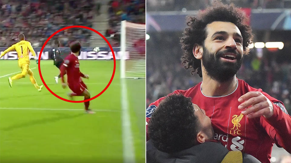 Mohamed Salah celebrates his superb goal for Liverpool against Salzburg.