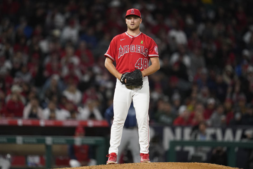 Los Angeles Angels starting pitcher Reid Detmers (48) stands on the mound during the seventh inning of a baseball game against the Tampa Bay Rays in Anaheim, Calif., Tuesday, May 10, 2022. (AP Photo/Ashley Landis)