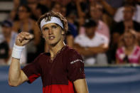 <p>WASHINGTON, DC - JULY 21: Alexander Zverev of Germany celebrates after defeating Malek Jaziri of Tunisia 6-2, 5-7, 6-2 during day 4 of the Citi Open at Rock Creek Tennis Center on July 21, 2016 in Washington, DC. (Photo by Matt Hazlett/Getty Images)</p>