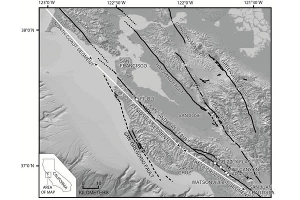 Shaded relief map of the southern San Francisco Bay region showing major active faults (black lines) and locations of trench sites on the San Andreas fault (SAF) (stars).