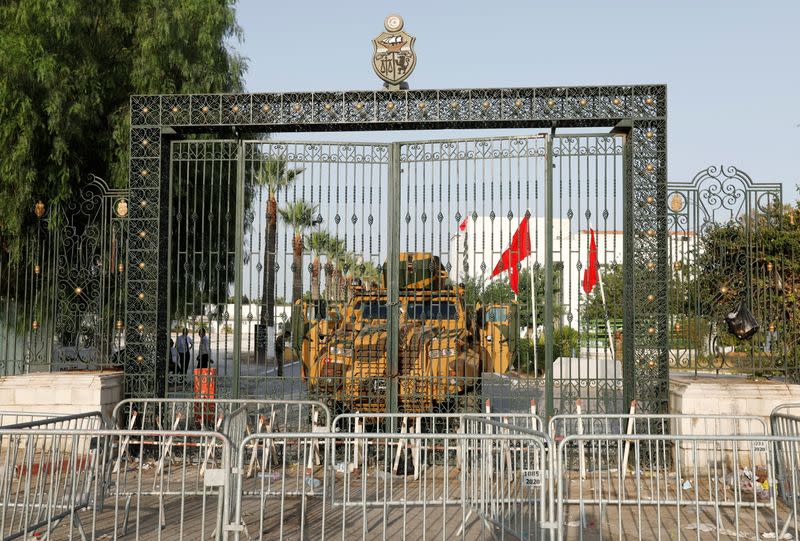 A military vehicle is pictured in front of the parliament building in Tunis