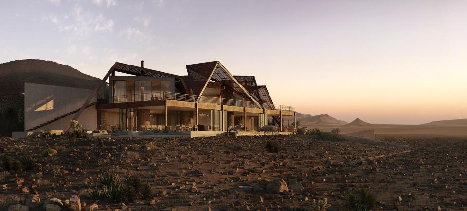 A rendering of the soon-to-be-reopened andBeyond Sossusvlei Desert Lodge.