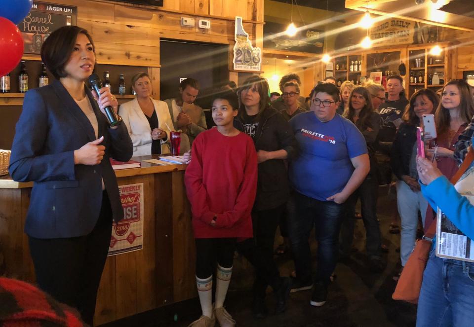 Jordan&nbsp;talks to campaign supporters&nbsp;during a watch party for her gubernatorial debate in April. (Photo: Paulette Jordan Campaign)