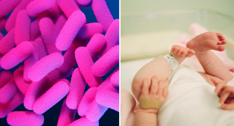 Left, whooping cough molecules. Right, a baby lies in a hospital bed. 