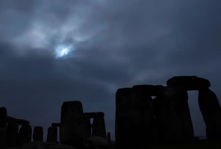 A partial solar eclipse is seen over Stonehenge in south west England, March 20, 2015. REUTERS/Kieran Doherty