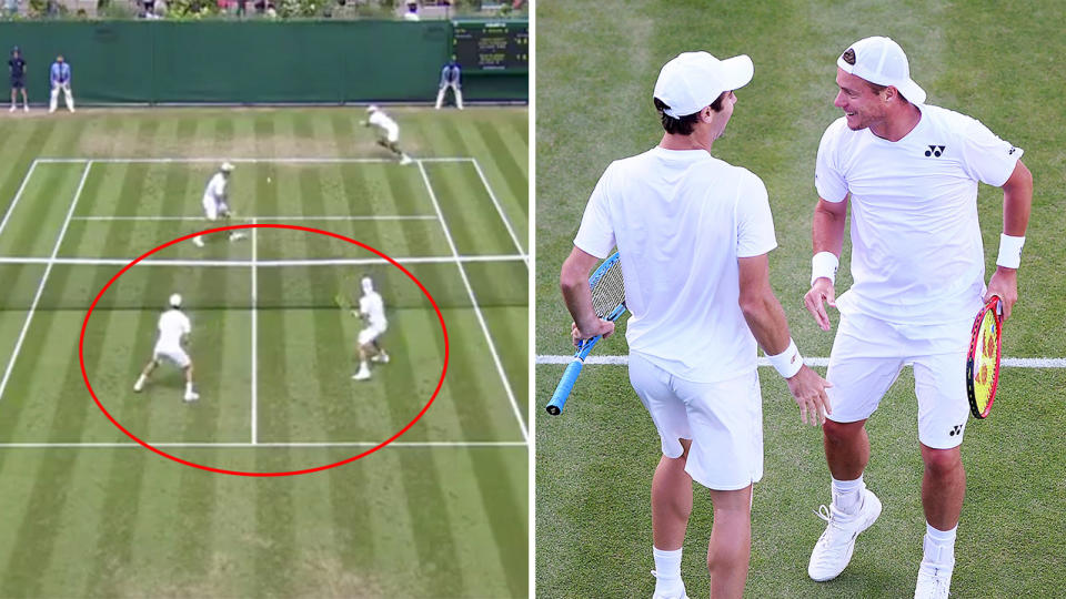 Lleyton Hewitt and Jordan Thompson lost a point for celebrating too early. (Images: @7Sport/Getty Images)