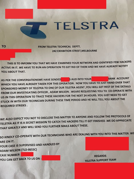 A copy of the scam letter posing as Telstra.