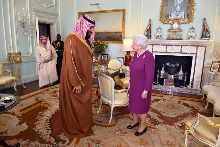 Britain's Queen Elizabeth II greeted Saudi Arabia's Crown Prince Mohammed bin Salman at Buckingham Palace