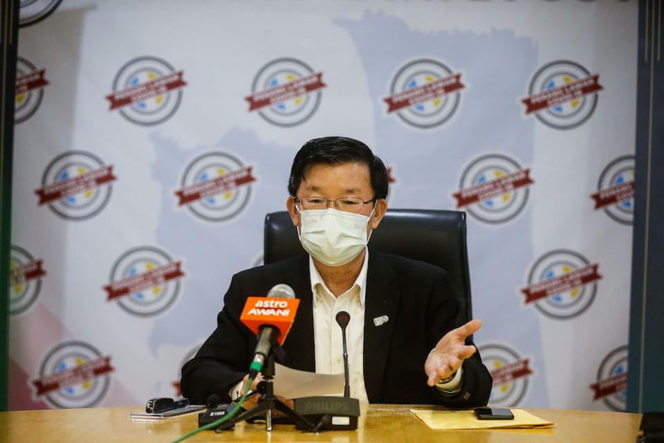 Penang Chief Minister Chow Kon Yeow speaks to the press at a press conference here in Komtar, George Town March 8, 2021. — Picture by Sayuti Zainudin