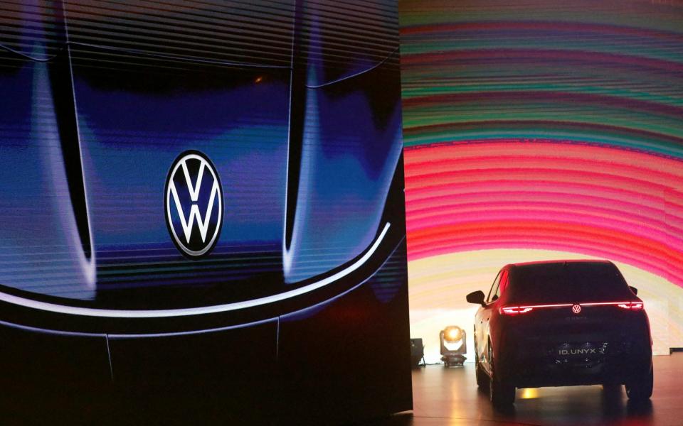 A Volkswagen electric vehicle showcased at an event in Beijing on April 24