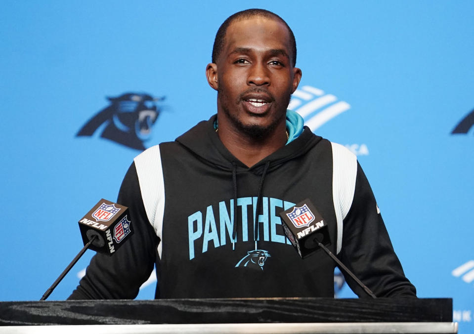 Carolina Panthers quarterback PJ Walker speaks to the media after his teams 21-3 win over the Tampa Bay Buccaneers after an NFL football game Sunday, Oct. 23, 2022, in Charlotte, N.C. (AP Photo/Jacob Kupferman)