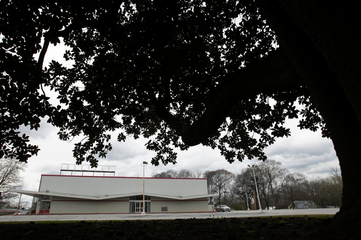 The former Varsity location in Athens, Ga., on Friday, March 8, 2024. The redevelopment plan for the location plans to save giant old magnolia trees.