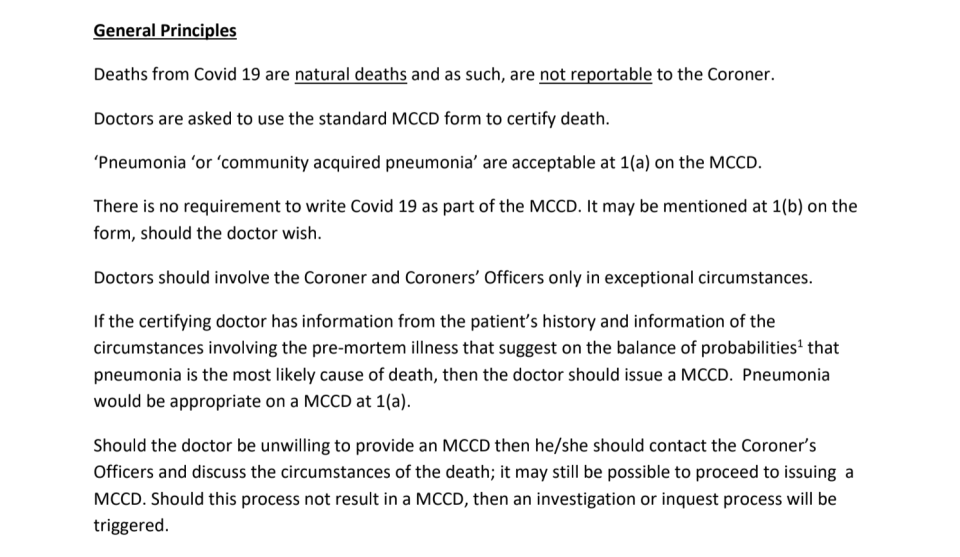 The guidance issued by the unnamed NHS Trust says doctors are not required to enter COVID-19 on the death certificate. (Picture: The Good Law Project)