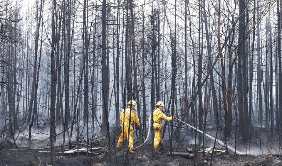 Annapolis Royal firefighters Jason Rock, left, and Anthony Lopiandowski, put out hotspots in the Birchtown area of Shelburne County on Saturday morning.