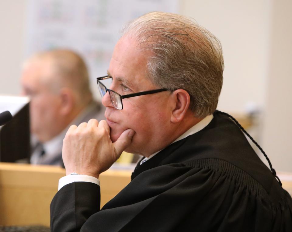 Judge Kevin Russo listens as Rabbis Nathaniel Sommer and son Aaron appear in Rockland County Court to accept a plea bargain in their manslaughter case June 20, 2023. Nathaniel was questioning Judge Kevin Russo about his parole. They were charged in the death of Spring Valley firefighter Jared Lloyd and facility resident Oliver Hueston, who were killed in a fire at the Evergreen Court nursing home.