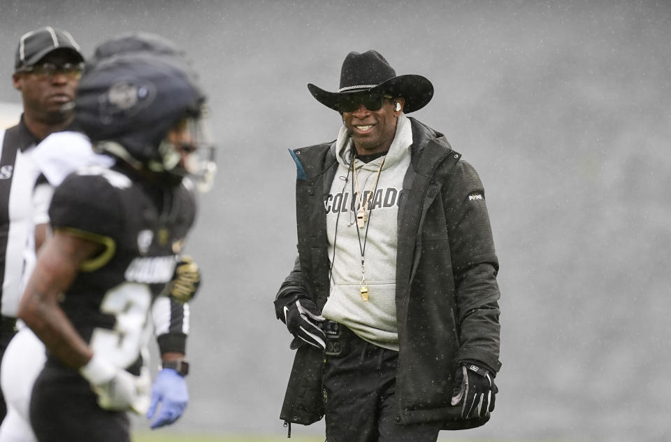 Colorado head coach Deion Sanders looks on during the first half of the team's spring NCAA college football game, Saturday, April 27, 2024, in Boulder, Colo. (AP Photo/David Zalubowski)