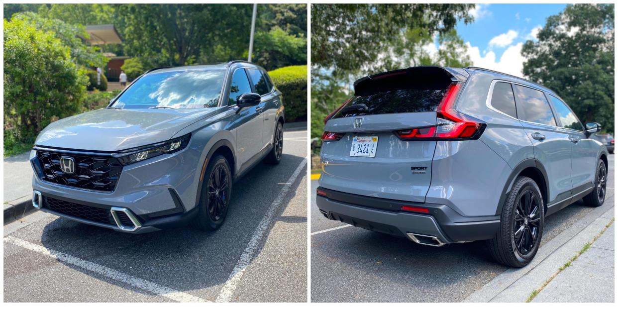 Two photos showing the front and rear end of a gray 2025 Honda CR-V Hybrid Sport Touring SUV.