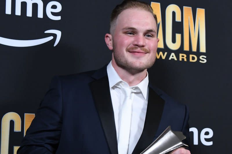 Zach Bryan shows off his New Male Artist of the Year Award at the 2023 Academy of Country Music Awards at The Star in Frisco, Texas, on May 11. File Photo by Ian Halperin/UPI