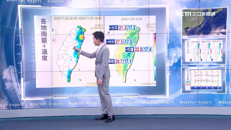 東北季風影響，降雨多落在東半部。