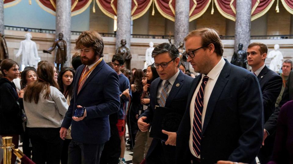 PHOTO: Newly-elected House Speaker Mike Johnson walks from his office to the House floor at the Capitol in Washington, Oct. 26, 2023. (Sarah Silbiger/Reuters)