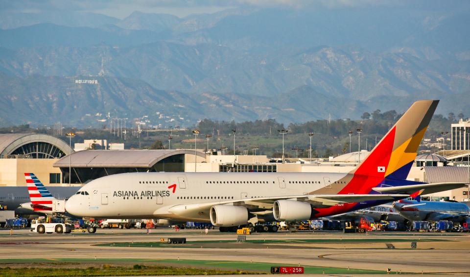 Asiana Airlines Airbus 380 at LAX on February 06, 2017 in Los Angeles, California.