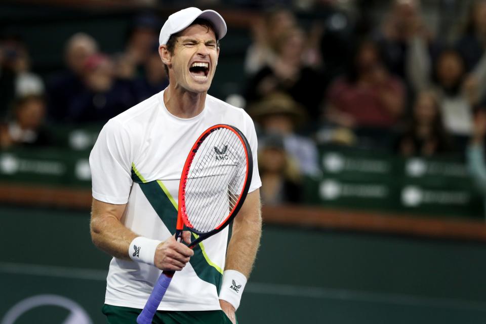 Andy Murray reacts after defeating Tomas Martin Etcheverry during the BNP Paribas Open at the Indian Wells Tennis Garden in Indian Wells, Calif., on March 9, 2023. 