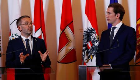 Austrian Chancellor Sebastian Kurz and Interior Minister Herbert Kickl attend a news conference in Vienna, Austria July 3, 2018. REUTERS/Leonhard Foeger