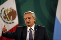 Argentina's President Alberto Fernández speaks during Mexican President Andrés Manuel López Obrador's daily, morning press conference at the National Palace in Mexico City, Tuesday, Feb. 23, 2021. Fernández is on a four-day official visit to Mexico. (AP Photo/Marco Ugarte)