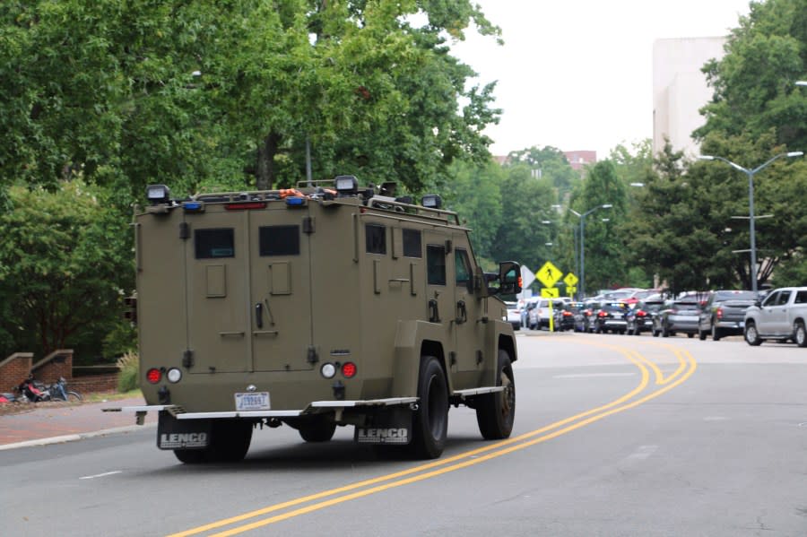 Law enforcement respond to the University of North Carolina at Chapel Hill campus in Chapel Hill, N.C., on Monday, Aug. 28, 2023, after the university locked down and warned of an armed person on campus. (AP Photo/Hannah Schoenbaum)